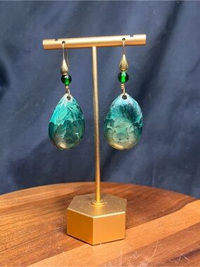 Modern Artisan Made Swirled Clay & Green Glass Dangle Fashion Earrings